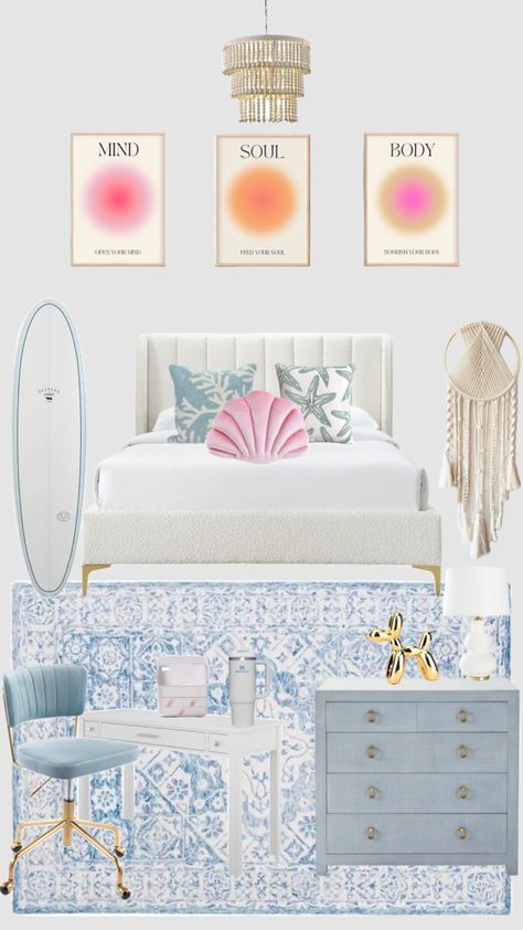 Beachy Boho Preppy Bedroom, Palm Beach Preppy Bedroom, Preppy Costal Bedroom Ideas, Beachy Rugs Bedroom, Pink And Blue Costal Bedroom, Light Blue Preppy Room, Beachy Glam Bedroom, Beachy Girly Bedroom, Preppy Bed Decor