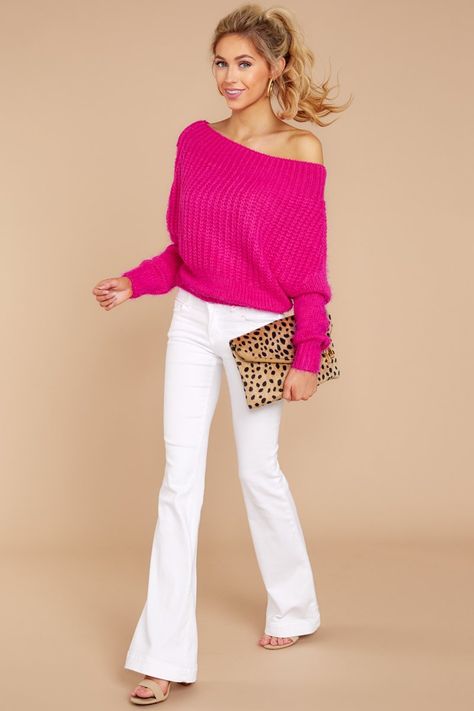 Chic Fuchsia Pink Knit Sweater - Off The Shoulder Sweater - Top - $42 – Red Dress Boutique Hot Pink Sweater Outfit Winter, Pink Top Outfit Summer, Pink Sweater Outfit Winter, Hot Pink Sweater Outfit, Pink Jumper Outfit, Hot Pink Jumper, Pink Top Outfit, Mackenzie Hollister, Pink Sweater Outfit