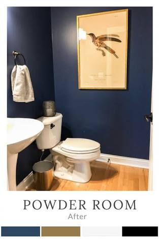 Navy Powder Room Ideas, Blue Powder Room Ideas, Navy Blue Powder Room, Navy Powder Room, Fun Powder Room Ideas, Small Powder Room Decor, Tiny Utility, Small Dark Bathroom, Blue Powder Rooms