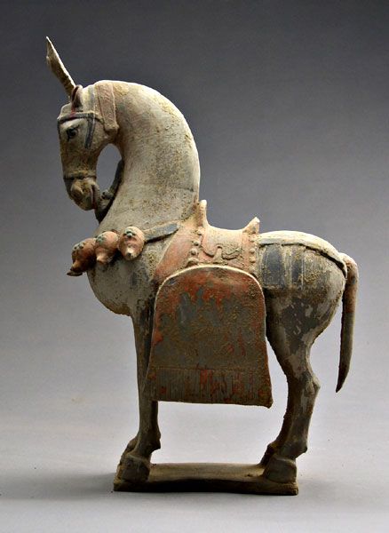 Terracotta horse statue, done in the Bei Wei style. Wei dynasty, the longest lived and most powerful of the northern Chinese dynasties before the reunification of China under the Sui and Tang dynasties, founded by Tabgatch tribesmen who, like many of the nomads inhabiting the frontiers of northern China, were of uncertain origin. Their language was basically Turkish, and scholars presume that their ancestry can be traced to proto-Turkish, proto-Mongol, or Xiongnu peoples but non-Han Chinese. Terracotta Horse, Chinese Dynasties, Karen Blixen, Ceramic Horse, Horse Statue, Reunification, Lion Print, Tang Dynasty, Horse Sculpture