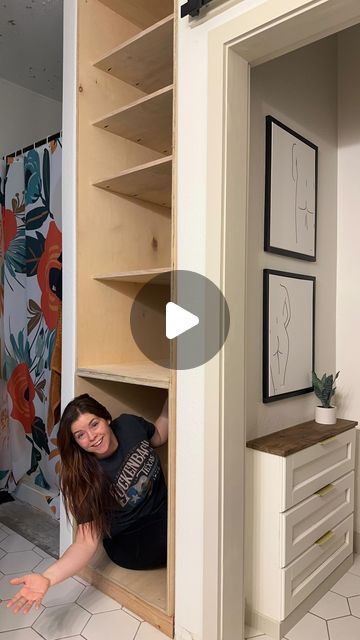 Astin Hancock | DIY | Home | Woodworking on Instagram: "Turning these open shelves in our builder bathroom into a beautiful built-in armoire cabinet with drawers at the bottom and glass doors up top! I’m so excited to bring this vision to life! I’ve been dreaming about it for about a year now! #bathroomdesign #bathroomrenovation #bathroomremodel #bathroombuiltin #builtinshelves #builtincabinet #armoires #bathroomcabinet" Bathroom Built In Storage Ideas, Diy Built In Vanity In Bathroom, Bathroom Storage Closet Built Ins, Diy Bathroom Built In Cabinet, Making A Built In Cabinet, Build Bathroom Wall Cabinet, Armoire Cabinet, Cabinet With Drawers, Built In Cabinet