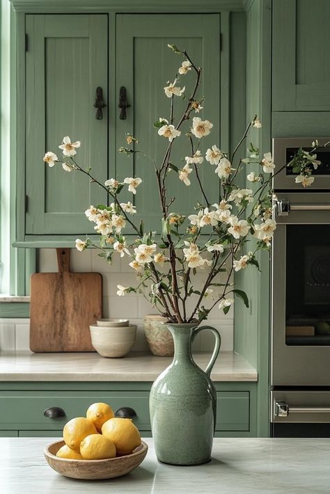 Fresh Start Green And Beige Kitchen Ideas, Sage Green Kitchen Walls, Green Kitchen Aesthetic, Sage Green Kitchen Ideas, Sage Green Cabinets, Green Kitchen Ideas, Green Kitchen Walls, Sage Green Aesthetic, Sage Green Kitchen