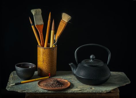 Japanese Tea Pot with Calligraphy Brushes | Still Life Photography - Ron Mayhew Japanese Still Life, Japanese Tea Pot, Tea Japan, Still Life Images, Dutch Golden Age, Japanese Teapot, Still Life Fruit, Still Life Photos, Famous Photographers