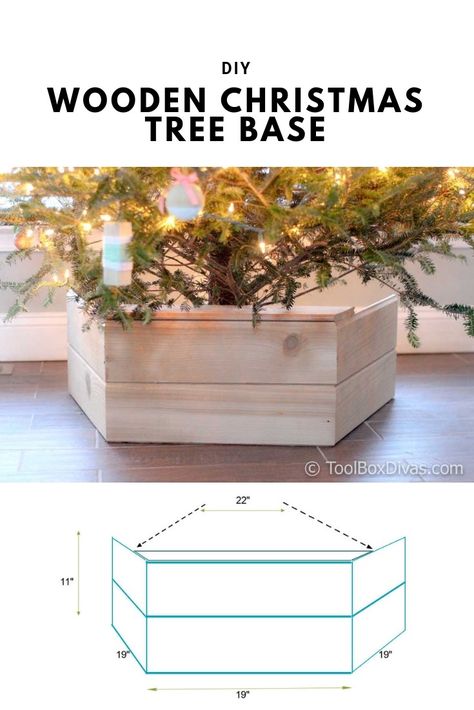 DIY Wooden Christmas Tree Base - This farmhouse style tree stand is the perfect way to add style to your holiday decor this year. You'll be able to hide the unsightly part of your Christmas tree, while adding to the aesthetics of your home. | #ChristmasTreeStand #TreeStand Diy Christmas Tree Stand, Diy Wooden Christmas Tree, Christmas Tree Box Stand, Christmas Tree Base, Christmas Tree Box, Tree Collar, Wooden Christmas Tree, Christmas Tree Decorations Diy, Tree Base