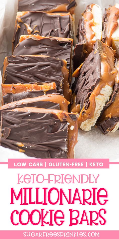 A tray filled with shortbread squares with gooey caramel topping and wavy dark chocolate. Millionaire Squares, Keto Salted Caramel, Millionaire Bars, Caramel Filling, Low Carb Brownies, Start Keto, Keto Candy, Shortbread Bars, Low Carb Treats