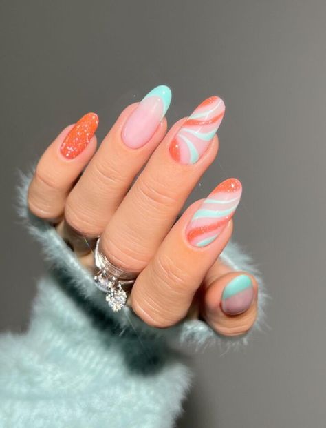 Athestic Nails, July Summer Nails, June Nails Ideas 2024, Orange And Blue Nails, College Nails, Almond Acrylic Nails Designs, Blue Gel Nails, Orange Nail Designs, August Nails