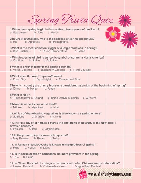 Spring Party Games For Adults, Spring Trivia Questions And Answers, Engagement Committee, Spring Trivia, Trivia Poster, Mini Dates, Spring Party Games, Plant Swap, Time Quiz