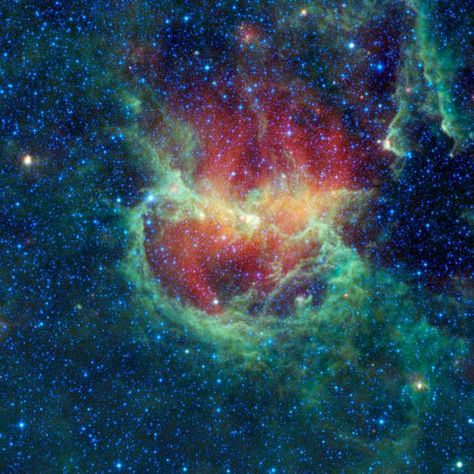 This infrared image from NASA's Wide-field Infrared Survey Explorer, or WISE, shows the Lambda Centauri nebula, a star-forming cloud in our Milky Way galaxy, also known as the Running Chicken nebula. The nebula, cataloged as IC 2944, is about 5,800 light-years from Earth. - http://www.jpl.nasa.gov/spaceimages/details.php?id=PIA13451 Running Chicken, Nasa Telescope, Gravity Waves, Alpha Centauri, Star Cluster, Space Photos, E Mc2, Space Pictures, Milky Way Galaxy