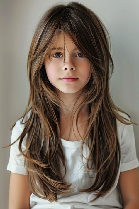 Kids Hair Cuts Girls Long, Kids Side Bangs Haircut, Kids Hair Cuts Girls Fine Hair, Girl Layered Haircut Kids, Haïr Cut For Medium Hair Girl, Girls Haircut Long Hair, Girls Hair Cuts 2024 Trends, Hair Cuts Girls Long, Kids Layered Haircut Medium