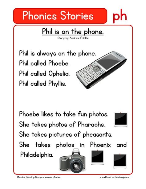 This Reading Comprehension Worksheet - Phil is on the phone is for teaching reading comprehension. Use this reading comprehension story to teach reading comprehension. Ph Phonics, Phonic Stories, Phonics Stories, Third Grade Reading Comprehension, Ingles Kids, Speaking Games, Phonics Reading Passages, First Grade Reading Comprehension, Phonics Readers