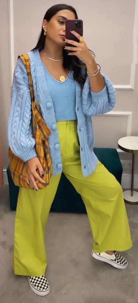 Citrus Color Outfits, Neon Green Cardigan Outfit, Lime Color Outfits, Chartreuse Blazer Outfit, Dopamine Summer Outfits, Fashion Inspo Colorful, Neon Yellow Pants Outfit, Kiwi Inspired Outfits, Colorful Dressy Outfits