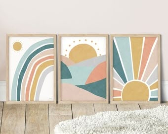 Sunburst Art, Muted Rainbow, Mountain Art Print, Rainbow Painting, Vintage Rainbow, Blue Rainbow, Rainbow Art, Mountain Art, Boho Nursery