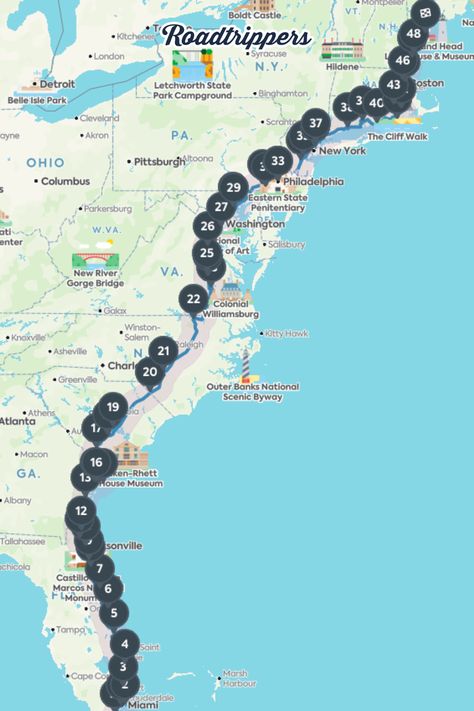 East Coast Road Trip Map, New York To Florida Road Trip, Atlantic Coast Road Trip, I-95 Road Trip, Road Trip Routes United States, Cross Country Road Trip Aesthetic, Motorhome Trip, Solo Road Trip, Florida Road Trip