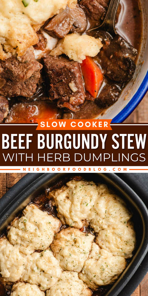 Slow Cooker Beef Stew and Dumplings is a classic comfort food dinner featuring an easy beef stew topped with fluffy herbed dumplings. Everything is made in the crock pot for a no-fuss dinner that’s rich and satisfying. Crockpot Beef Stew And Dumplings, Roast Beef And Dumplings, Halloween Beef Stew, Slow Cooker Beef Stew And Dumplings, Beef Stew Creamy, Beef Stew And Dumplings Slow Cooker, Slow Cooker Beef Stew With Dumplings, Ground Beef Dumplings, Slow Cooker Stews