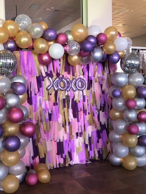 Crepe Paper and Balloons make this backdrop a hit. Equestria Girls Party, Crepe Paper Decorations, Paper Balloon, Surprise Baby Shower, Disco Theme, Fringe Backdrops, Youth Decor, Paper Backdrop, Crepe Paper