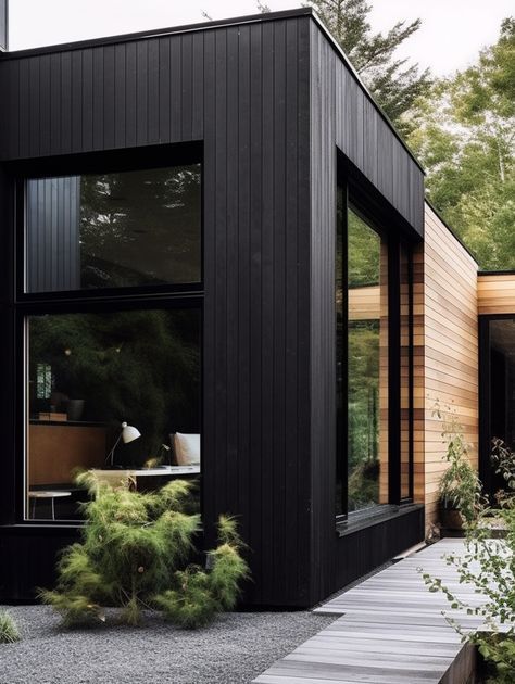 California Cottage | My Site Black And Wood House Exterior, Modern Black Houses, Modern Cabin Exterior, Modern Siding, California Cottage, Backyard Gym, Wood Cottage, Black Houses, Bar Cabinets