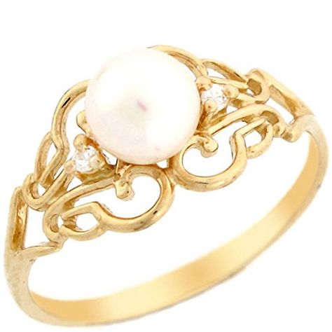 10k Solid Yellow Gold Freshwater Cultured Pearl  CZ Filigree Every Day Ring * Continue to the product at the image link. (This is an affiliate link) #jewelrydesign Pearl Rings In Gold, Gold Clothing, Rings In Gold, Cultured Pearl Bracelet, Pearl Rings, Angel Jewelry, Name Jewelry, Pearl Types, Filigree Ring