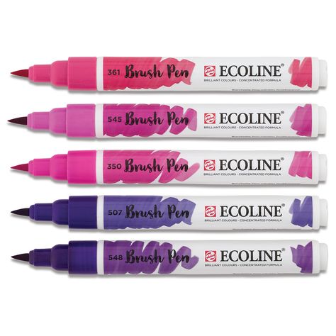 Made from concentrated dyes in a liquid watercolor base  Ecoline Brush Pen Markers are easy to apply  mix cleanly  and adhere well to many surfaces. The brush nib covers large areas or draws fine details. Shares a harmonious color range with Ecoline Liquid Watercolors. - Royal Talens Ecoline Brush Marker Set - Violet Hues  Set of 5 Watercolor Brush Pen, Royal Talens, Pastel Red, Liquid Watercolor, Brush Markers, Marker Set, Drawing Supplies, Light Rose, Bullet Journal Spread