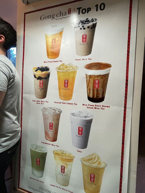 Gong Cha Aesthetic, Chai Bubble Tea, Gong Cha Boba, Gong Cha Milk Tea, Menu Boba Drink Aesthetic, Boba Drink Menu Design, Boba Store, Constantly Hungry, Matcha Tea Latte