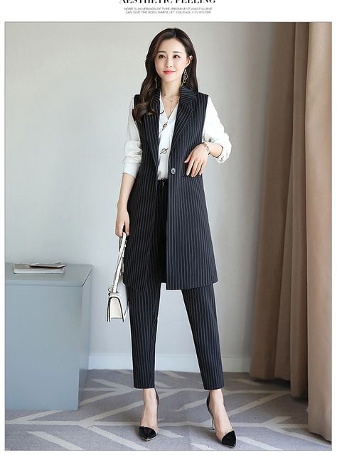 Women's Pant Suits, Pant Suit Women, Outfit Office, Striped Suit, Office Clothes, Pant Suits, Long Vest, Suit Waistcoat, Pantsuits For Women