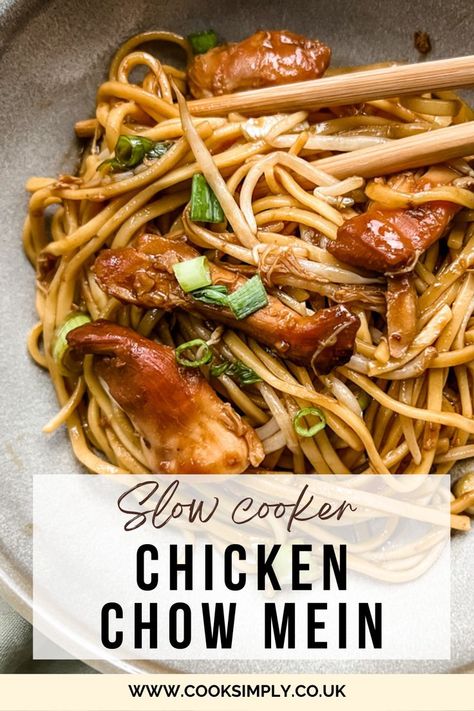 slow cooker chicken chow mein with spring onions Chicken Chow Mein Crockpot, Slow Cooker Chow Mein, Slow Cooker Chicken Chow Mein, Crockpot Chow Mein, Slow Cooker Noodle Recipes, Slow Cooker Noodles, Slow Cooker Chinese Recipes, Slow Cooker Asian Recipes, Asian Slow Cooker Recipes