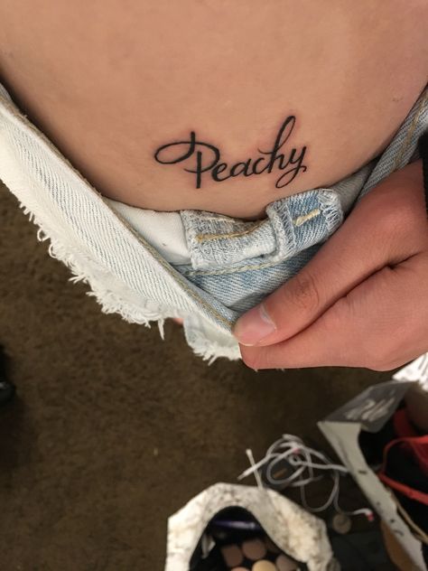 Peachy keen Peachy Tattoo On Buttcheek, Peachy Tattoo, Peach Tattoo, Apothecary Decor, Writing Tattoos, Crown Tattoo, Peachy Keen, Tattoos Ideas, Piercing Tattoo