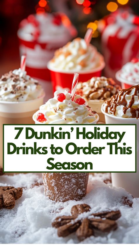 A display of Dunkin's holiday drinks, including peppermint mocha, gingerbread, and toasted white chocolate lattes, set in festive cups against a winter-themed background. Hot Dunkin Donuts Drinks To Try, Dunkin Holiday Drinks, Dunkin Christmas Drinks, Dunkin Latte Order, Dunkin Coffee Order Ideas, Dunkin Drink Orders, Dunkin Donuts Drinks, Low Calorie Christmas, Best Dunkin Donuts Drinks