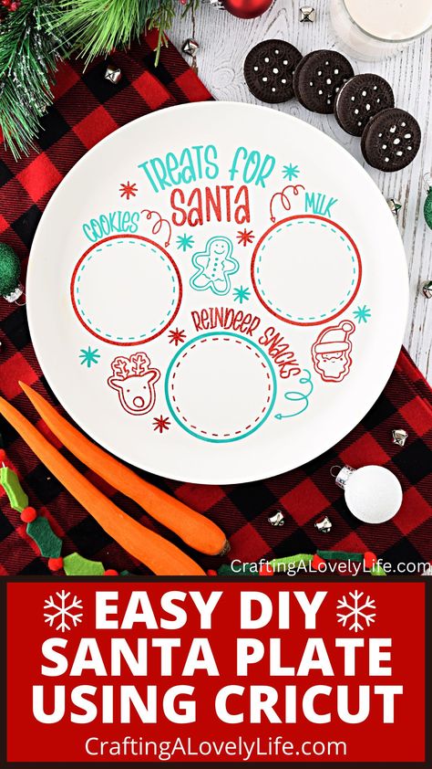 Cricut Christmas Santa Plate, Vinyl Santa Cookie Plate, Christmas Plates Vinyl, How To Make A Santa Cookie Plate, Cookie Plates For Santa Diy, Santa Cookie Plate Svg, Christmas Charger Plates Diy, Santa Milk And Cookies Plate Diy, Cricut Charger Plate Ideas