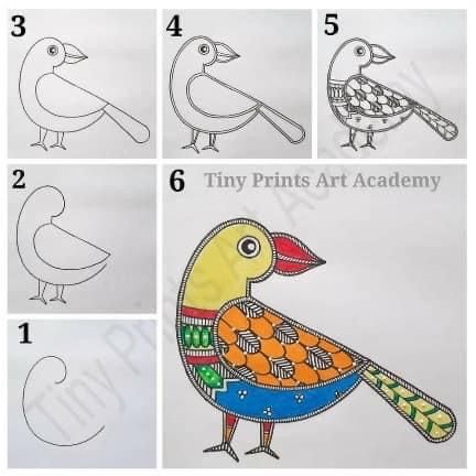 Madhubani Painting Bird, How To Draw Madhubani Painting, Birds In Madhubani Painting, Lippan Art Drawings, Madhubani Art Bird, Pattachitra Art Easy, Madhubani Art Simple, Madhubani Paintings Peacock Easy, Simple Madhubani Art