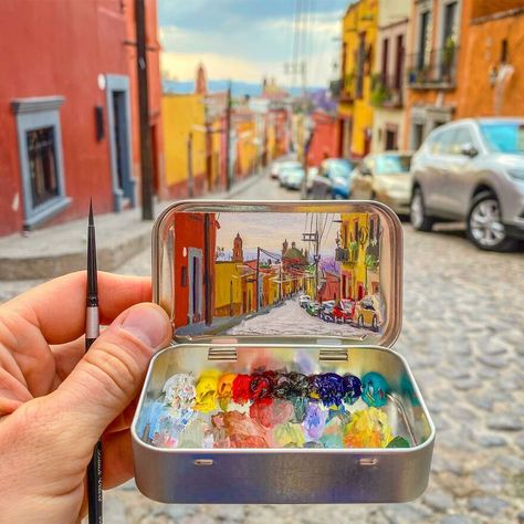 Paintings Of Landscapes, Tiny Landscape, Tiny Paintings, Art Alevel, Altoids Tins, Drawing Cartoon Faces, Oil Painting Techniques, Urban Landscapes, Tin Art