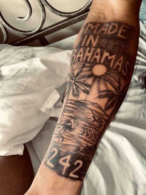 Made in the Bahamas half sleeve tattoo. One of a kind. 242 tattoo. Bahamas tattoo. Follow me on ig Phizzie6Hunna. #tattooideas #forearmtattoos Bahamas Tattoo, Koi Dragon Tattoo, Arm Tattoos Black, Polynesian Tattoos Women, Earthy Tattoos, Small Chest Tattoos, Cool Tattoo Drawings, Tattoos For Women Half Sleeve, Chest Tattoos For Women