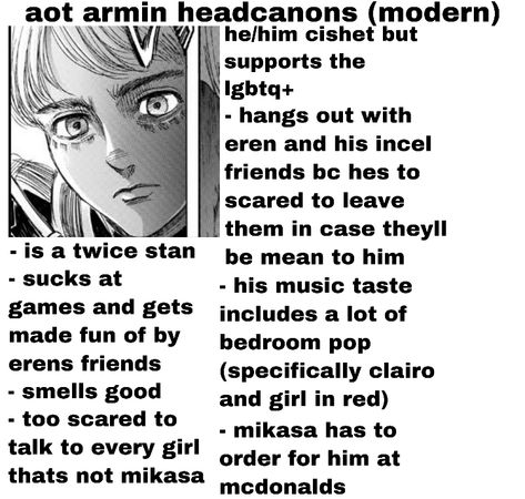 too* 🙁 Armin Arlert Quotes, Aot Headcanons, Armin Headcanons, Nerd Armin, Aot Facts, Armin Alert Fan Art, Aot Armin, Smell Good, Attack On Titan