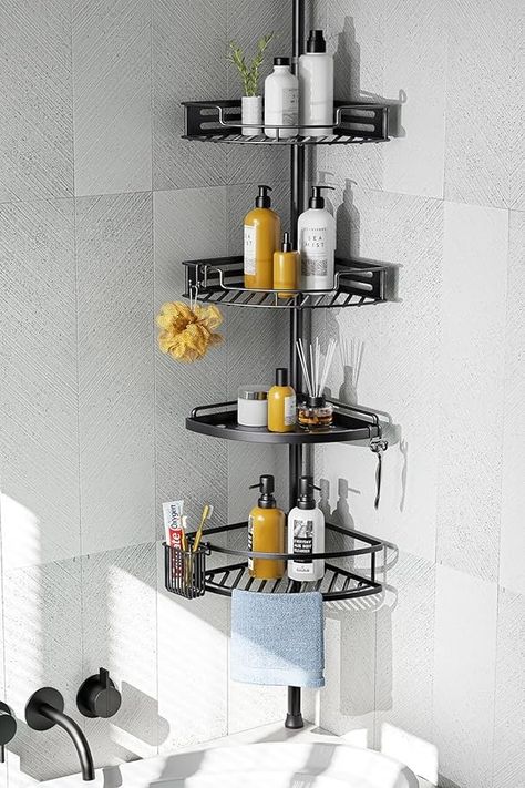 Amazon.com: HAMITOR Corner Shower Caddy Tension Pole: Quick Installation 4-Tier Rustproof Bathroom Organizer Shelves for Bathtub Shampoo Storage - 47-121 inch Adjustable Floor Standing Bath Rack Holder - Black : Home & Kitchen Deep Baskets, Bathroom Organization Shelves, Shower Pole, Flat Basket, Bath Rack, Shower Organizer, Shelf Corner, Corner Shower Caddy, Shower Rack