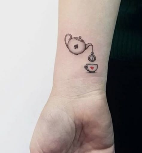 Magic Teacup Tattoo, Mini Alice In Wonderland Tattoo, Alice In Wonderland Tattoo Teacup, Cute Teacup Tattoo, Teapot And Cup Tattoo, Tea Party Tattoo Ideas, Cat In Teacup Tattoo, Tiny Teapot Tattoo, Teapot And Teacup Tattoo