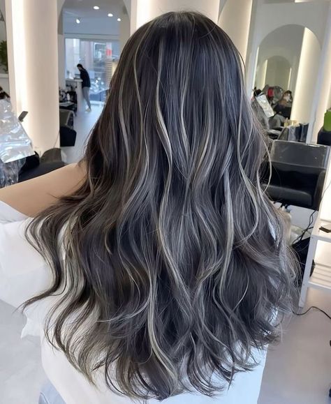 Dark Hair With White Highlights Underneath, Hair Highlights Streaks, High Contrast Babylights, Simple Highlights For Black Hair, Ash Streaks On Black Hair, Grey Highlights In Brown Hair Silver, Highlights Inspo For Black Hair, Highlight Streaks Black Hair, Black Hair With Platinum Balayage