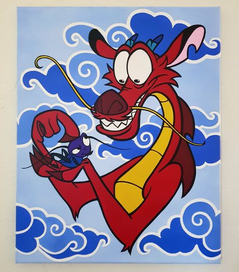 Acrylic painting I made of #mushu from Disney's Mulan Instagram @teresaxfaith #disney #mulan #mushu Mulan Canvas Paintings, Cute Disney Paintings On Canvas, Disney Artwork Paint, Mulan Paintings Easy, Disney Cartoon Paintings, Disney Paintings Ideas, Painting Ideas Disney Characters, Disney Mulan Drawings, Disney Characters Paintings