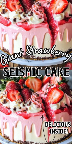 Giant Strawberry Seismic Cake Strawberry Seismic Cake, Fluffy Strawberry Cake, Giant Strawberry, Strawberry Birthday Cake, Different Types Of Cakes, Strawberry Glaze, Dramatic Fashion, Oil Cake, Leftover Cake