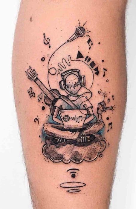 Tattoos For Music Lovers Unique, Lover Tattoo Ideas, Love Music Tattoo, Music Lover Tattoo, Dj Tattoo, Lover Tattoo, Mark Tattoo, Guitar Tattoo, Music Tattoo Designs