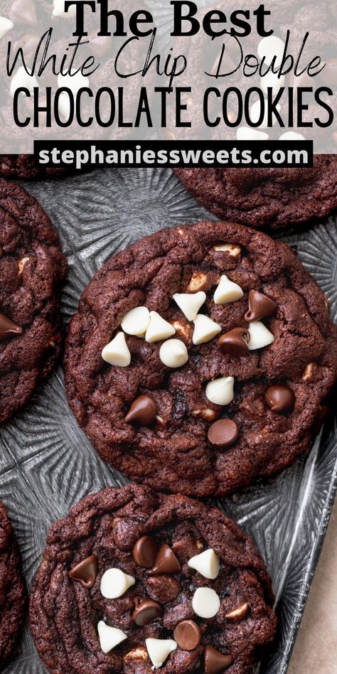 These white chip double chocolate chip cookies are chewy and fudgy. They have both white chocolate chips and chocolate chips. White Chocolate Chips Recipes, White Chocolate Chip Cookies Recipes, Double Chocolate Chip Cookie Recipe, White Chocolate Chip, Double Chocolate Chip Cookies, Easter Desserts Recipes, White Chocolate Chip Cookies, White Chocolate Cookies, Double Chocolate Cookies