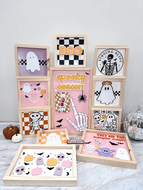 If you are looking for a pop of cute pink Halloween Decor, look no further! Our 2023 Halloween Sign Collection is everything groovy and spooky This listing is for ONE sign If you are looking for the smaller signs, you can find them here: https://suburbanfarmhousellc.etsy.com/listing/1549324468/cute-pink-halloween-ghost-decor-retro?utm_source=Copy&utm_medium=ListingManager&utm_campaign=Share&utm_term=so.lmsm&share_time=1694361188021 Signs are intended for indoor use and are made with a combinatio Halloween Cricut Decoration Ideas, Pink Ghost Halloween Decor, Cute Ghost Decorations, Halloween Business Ideas, Groovy Halloween Decor, Spooky Season Decor, Girly Halloween Decor, Hippie Halloween Decor, Diy Pink Halloween Decor