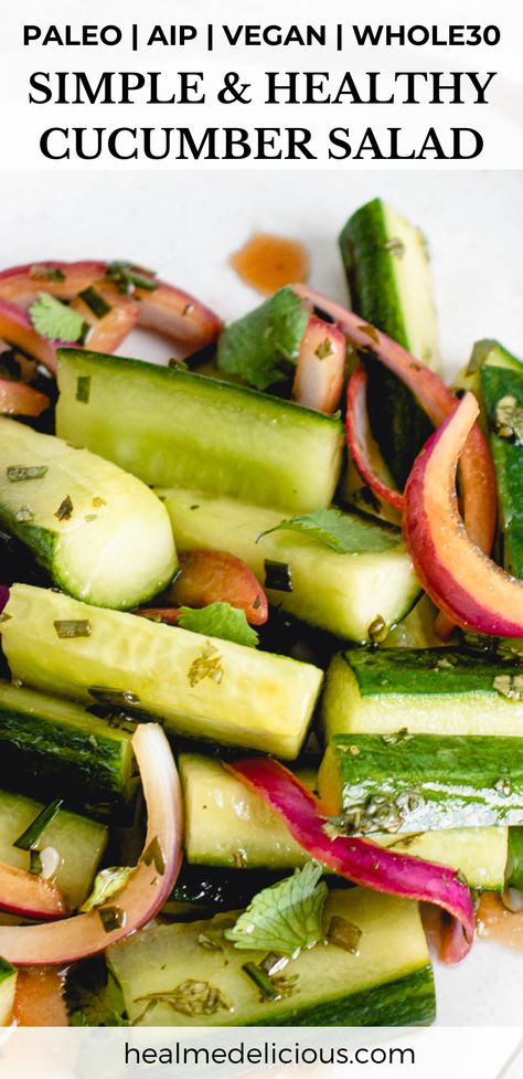 This crunchy and Refreshing Cucumber Salad is AIP, paleo, vegan, Whole30 and super refreshing! It’s the perfect side to grilled meats and heavier dishes and comes together in no time. #healmedelicious #aip #aiprecipes #paleo #paleorecipes #whole30 #whole30recipes #vegan #autoimmunedisease #aipdiet #autoimmunepaleo #aipprotocol #vegetarian #grainfree #glutenfree #dinnerideas #summerdinnerrecipes #summermeals #summerlunchideas #cookoutsidedishes #bbqsides #cucumbersalad #veggiesides #summersalads Easy Paleo Snacks On The Go, Aip Cucumber Recipes, Whole 30 Vegetable Sides, Aip Sides Recipes, Aip Summer Salads, Aip Vegetable Side Dishes, Aip Cucumber Salad, Aip Sides Dishes, Aip Vegetable Recipes