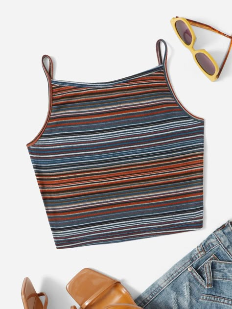 Block Striped Crop Cami Top | SHEIN USA Cami Top Pattern, Indie Tops, Outer Banks Shirt, Stripy Tops, 80s Inspired Outfits, Striped Cami Tops, Spaghetti Strap Shirt, Wardrobe Makeover, Crop Cami Top