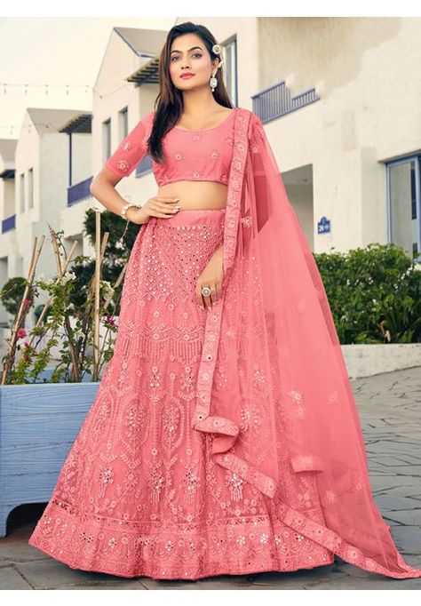 Salmon Pink Embroidered Georgette Lehenga Choli Bridesmaid Lehenga, Butterfly Net, Indian Lehenga Choli, Lehenga Choli Wedding, Reception Lehenga, Party Wear Lehenga Choli, Net Blouses, Lehenga Style, Net Lehenga