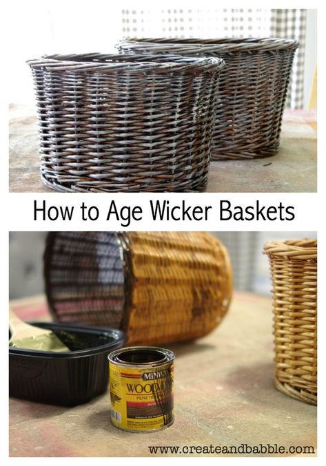 Wicker baskets are plentiful at thrift stores. Learn how to easily give them a aged patina. How to age wicker baskets. #thriftstoremakeovers Farmhouse Thrift Store Makeovers, Basket Makeover, Thrift Store Upcycle, Thrift Store Makeover, Thrift Store Diy, Thrift Store Outfits, Thrift Store Decor, Thrift Store Furniture, Cottage Market