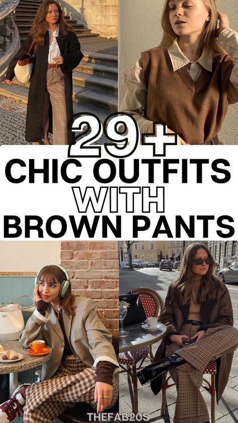 Wondering what to wear with brown pants?! These outfits with brown pants are TOO good! I am obsessed with these stunning chic outfit ideas for brown pants for women. Whether casual or for the office, this is a STUNNING look. How To Style Brown Wide Leg Trousers, Brown And White Pants Outfit, Plaid Pants Outfit Women Work, Brown Pants Business Casual, Tan Trousers Outfit Work, Brown Heels Work Outfit, Work Outfits Brown Pants, Brown Tweed Pants Outfit Women, Brown Crop Pants Outfit