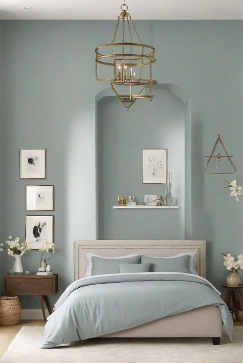 Home Interior Design, Wall Paint Color, Bedroom Designers, Kitchen Designs Accent Color Bedroom Wall, Dusty Blue Bedroom Walls, Sw Retreat Bedroom, Sw Eventide, Bedroom Wall Color Ideas Paint Colours, Modern Bedroom Paint Colors, Sherwin Williams Bedroom Colors, Relaxing Paint Colors, Beach Apartment Decor