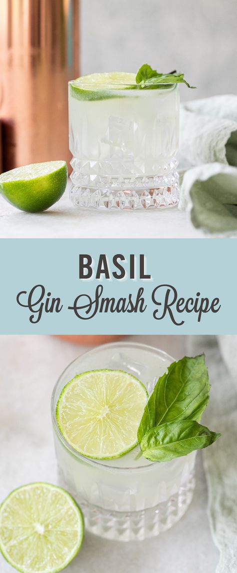 Gin Smash Recipe, Gin Basil Smash, Basil Drinks, Gin And Lemonade, Easy Gin Cocktails, Basil Cocktail, Basil Smash, Garden Cocktail, Basil Lemonade