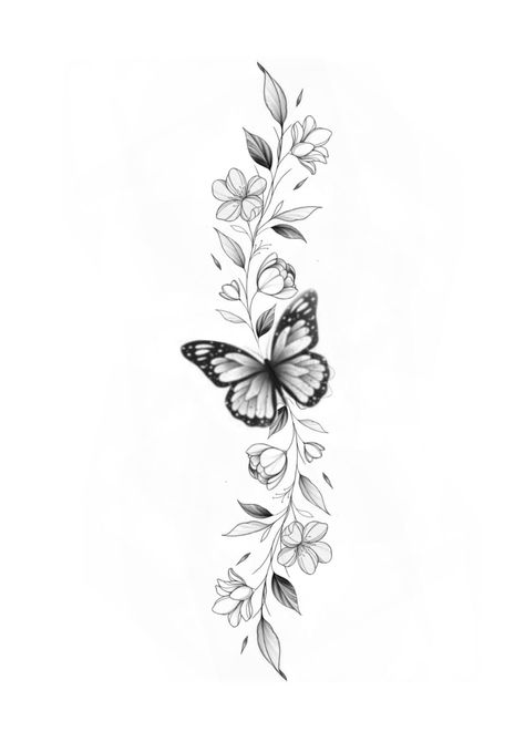 Women Arm Tattoo Butterfly, Vine And Butterfly Tattoos For Women, Butterfly With Flower Tattoo Designs, Butterfly Tattoo With Flowers Around It, Butterfly With Vines Tattoo, Long Butterfly Tattoo, Cute Tattoos Arm, Lower Sleeve Tattoos For Women, Butterfly With Flowers Tattoo For Women