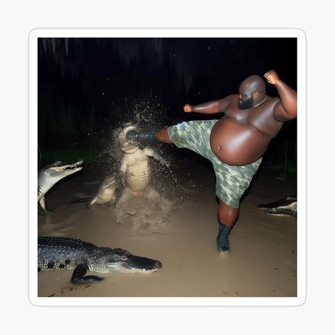 Get my art printed on awesome products. Support me at Redbubble #RBandME: https://www.redbubble.com/i/sticker/Gumbo-Slice-Meme-Fat-Black-Guy-Kicking-Alligator-by-fomodesigns/155503097.EJUG5?asc=u Fat Black Guy, Fat Black Man, Alligators Art, Crocodile Hunter, Black Guy, Weird Quotes Funny, Meme Design, Fat Man, Meme Stickers