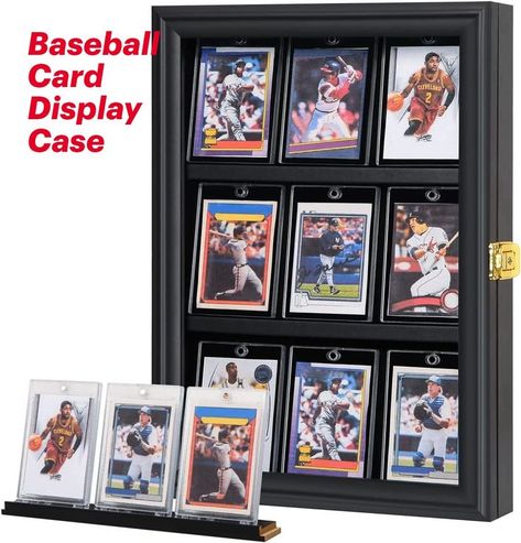 Sports Card Display Case holds 9 PCS sports star cards of baseball, basketball, hockey,football, pokemon and other cards. Shelves are removable to accommodate cards in different sizes. Edges on shelves prevent cards from sliding. Made of Grade A acrylic, with 92% transparency, 98% UV protection. Protect your cards so they do not yellow over time. Gold plated anti-theft locks protects your cherished sports cards. Comes surrounded 360 degree by foam to protect the glass. Baseball Card Display, Sports Card Display, Baseball Cards Storage, Sports Cards Display, Baseball Card Displays, Sports Cards Collection, Trading Card Storage, Sports Card, Card Display